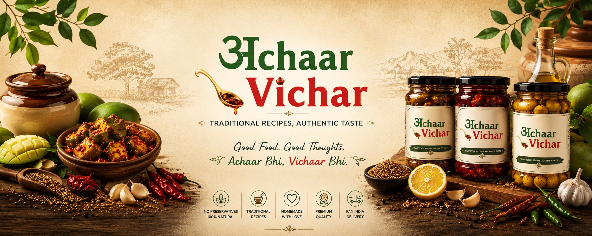 A promotional banner for Achaar Vichar spices, featuring jars of pickled and dried spices alongside ingredients like garlic, ginger, chili, and citrus on a rustic wooden table against a warm beige background with traditional illustrations.